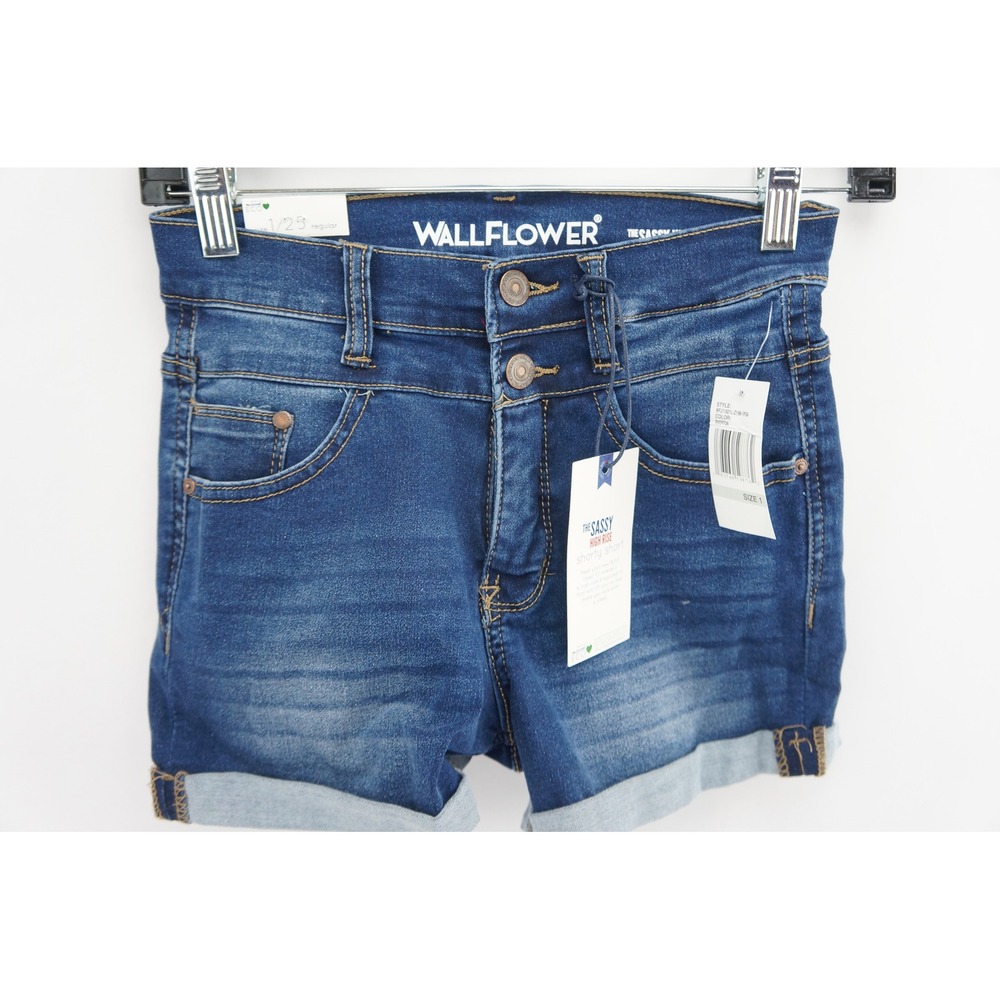 NWT Wallflower Sassy High Rise Denim Shorty Shorts Riverton Blue Size 1 Regular